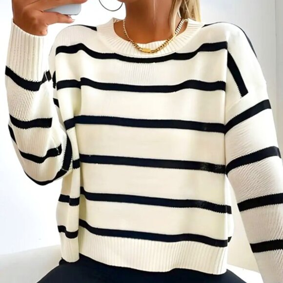 NEW! preppy Commense striped off white black sweater - Picture 2 of 9